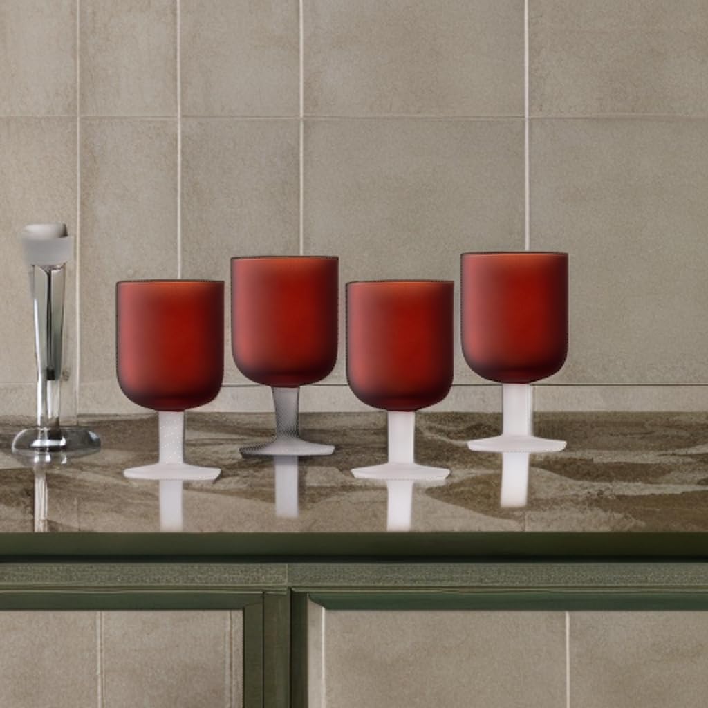 Elle Decor Frosted Glass Goblets Set of 4 – Elegant Stemmed Beverage Cups in Red for Wine & Cocktails, 8.2-oz Capacity – Decorative Frosted Glassware for Weddings, Anniversaries & Housewarming Events