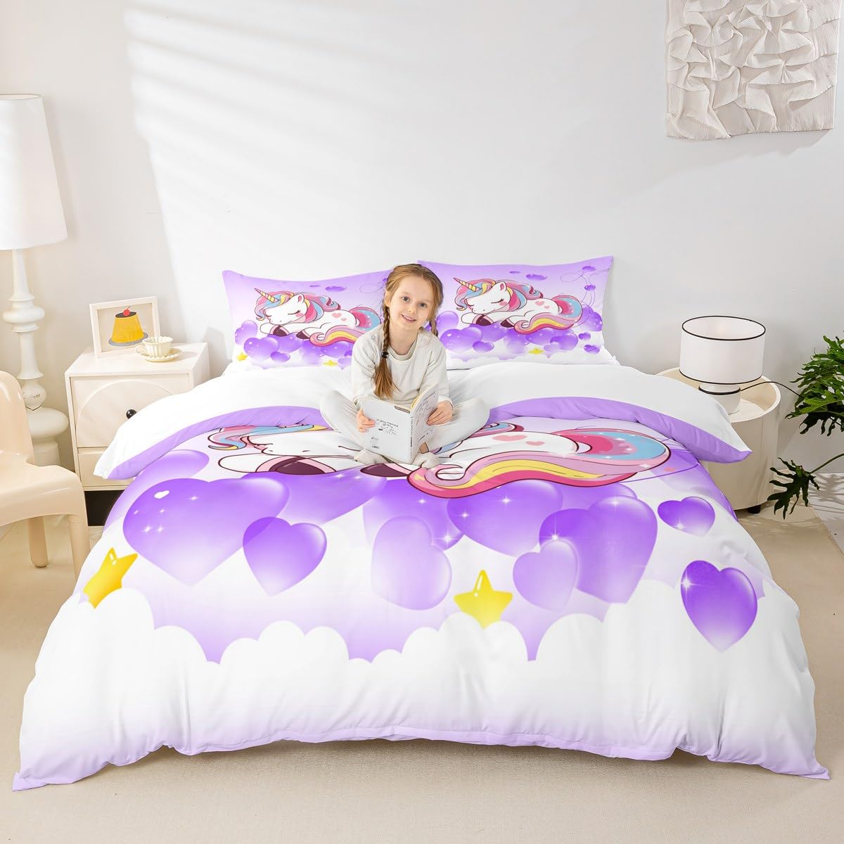 Juego de ropa de cama para niñas, diseño de unicornio, tamaño King, estampado de animales, juego de ropa de cama para mujer, unicornio mágico, juego de ropa de cama con diseño de corazón, morado, 3