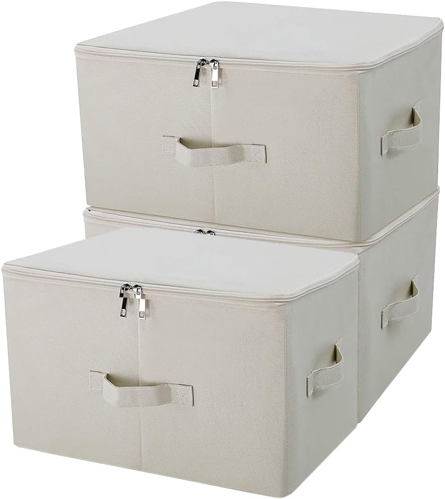 iwill CREATE PRO 3-Pack Beige Folding Storage Boxes with Zip Lid | Collapsible & Stackable Rigid Organizer Bins for Clothes, Blankets, Books