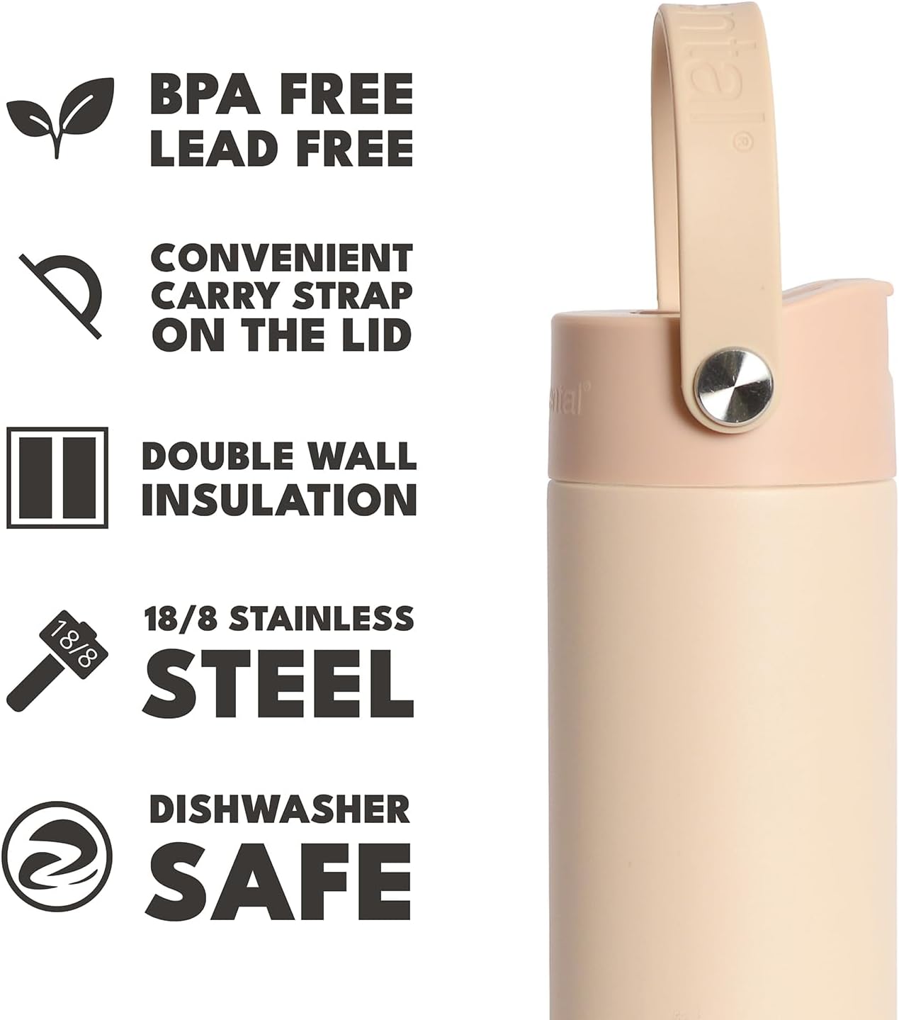 Elemental 24oz Insulated Water Bottle with Straw - 100% Leak-Proof Stainless Steel Core Water Bottles for Travel, Sports and Gym - Double Wall Insulation & BPA Free - Beige - Image 6