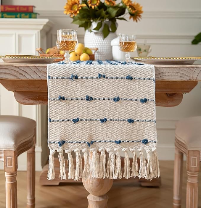 Image of Handwoven Designer Organic Cotton Table Runner for 6 Seater Dining Table |Center Table | Patio Table |Coffee Table (14*72 INCHES)| Blue DH|TRBL 011