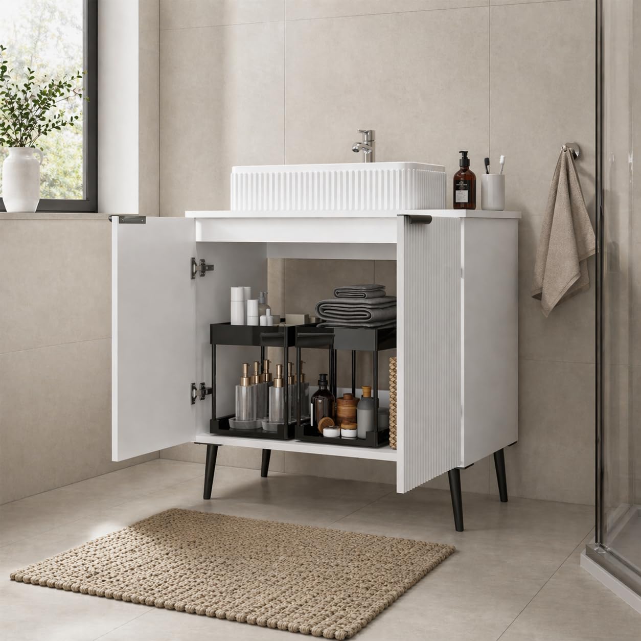 Badmöbel Set Waschbecken mit Unterschrank 75 cm Breit, Freistehend Waschtisch mit Unterschrank, Gäste-WC & Bad, Soft Close Türen, Wellen-Design, Marmorierte Waschtischplatte, Keramikwaschbecken