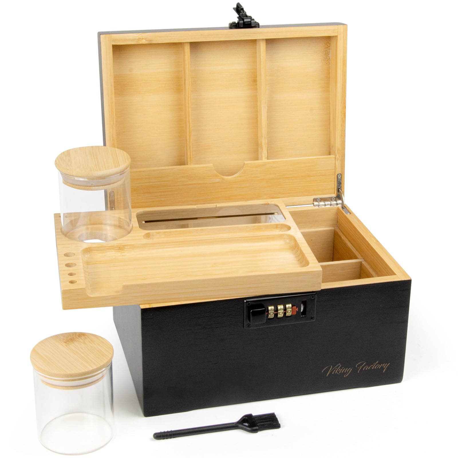 Premium Decorative Bamboo Box - Home Office Lock Organizer Set w/Removable Tray, Glass Jars & Adjustable Divider - Mortise-Tenon Crafted - Gift Ready for Women & Men (Black)