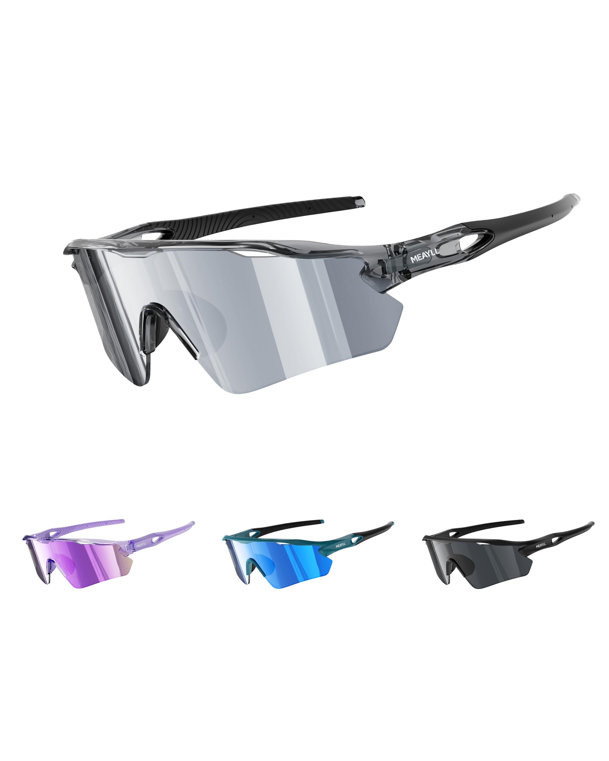 Fahrradbrille Herren Laufbrille Damen, UV400 Sonnenbrille Sportbrille, TR90 Frame mit Verstellbaren Nasenflügel MTB Schutzbrille Schnelle Brille Sunglasses für Fahrrad Angeln,Transparentes Schwarz