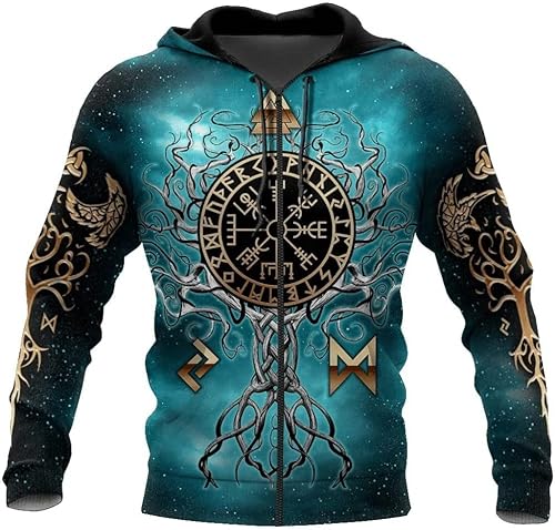Viking Vegvisir Hoodies Kapuzenpullover Herren T-Shirt Nordischer Mythos Lebensbaum Yggdrasil Grafik Pullover Sweatshirts Lässige Neuheit Streetwear Hoody Herren Mit Kapuze (Color : Zipper Hoodie, S