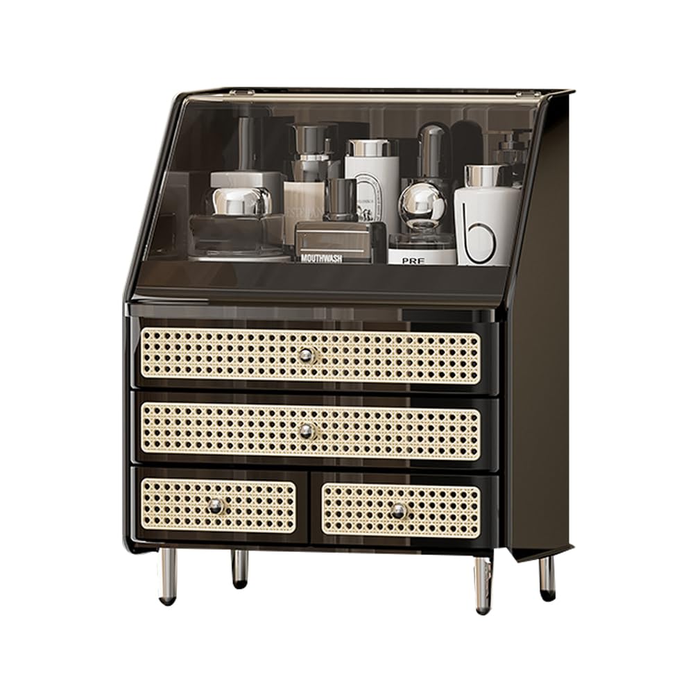 Organizator makijażu z 3-poziomowym szufladą, pp Rattan Cosmetic Display Case, organizator pielęgnacji pielęgnacji pielęgnacji i wilgoć.,A