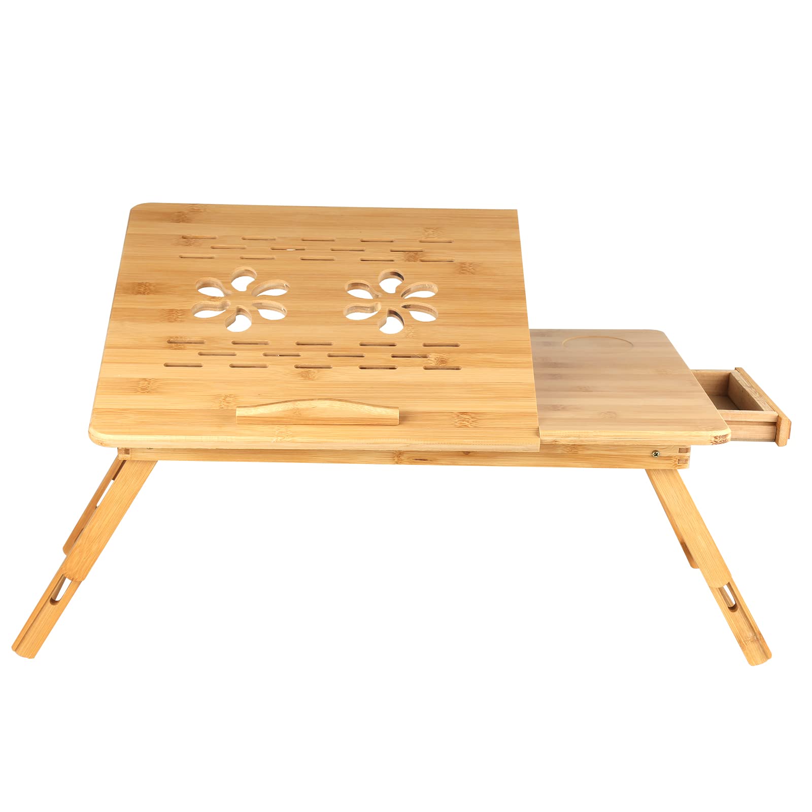 Supfine Table de Lit Pliable, Petite Table en Bambou pour Ordinateur Portable, Plateau Réglable avec 3 Angles d'Inclinaison Réglables, Plateau pour Petit Déjeuner, Petit Tiroir (Fleur, 66x35x30cm)