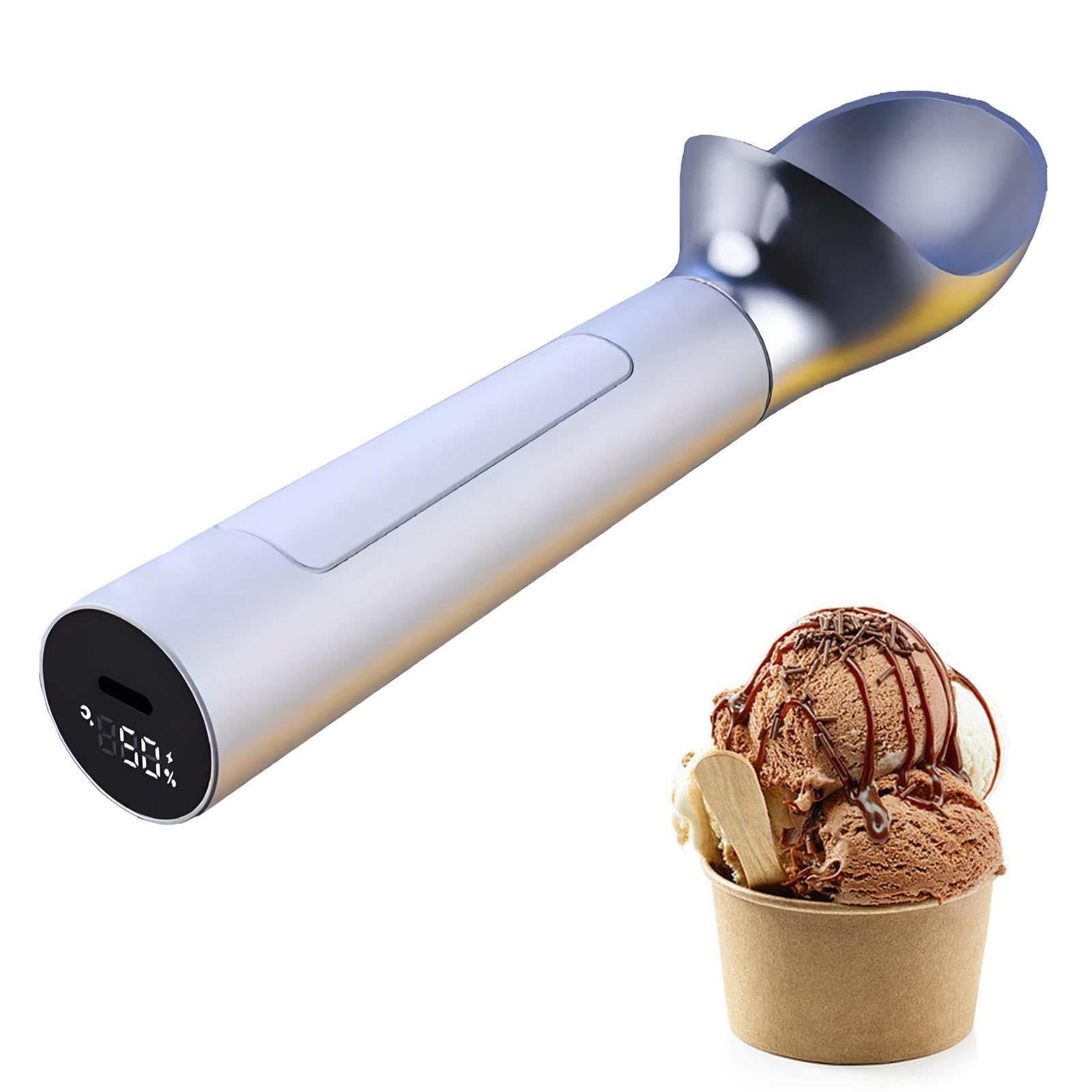 Elektrisch Beheizter Eisportionierer, 50°C Thermoschaufel mit Temperaturanzeige, Wasserdichtes Design zum Erweichen von Butter und Eis
