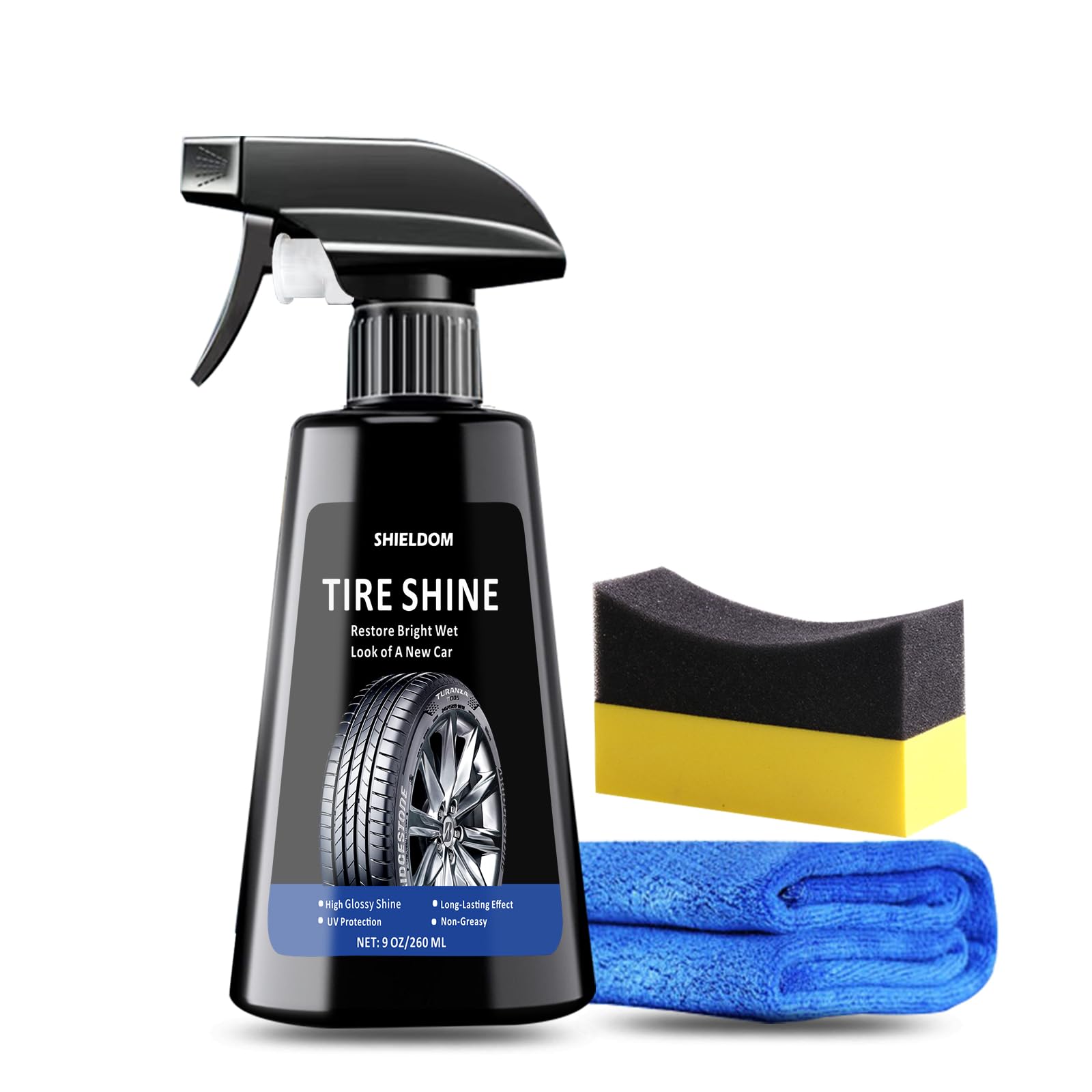 SHIELDOM Tire Shine Spray Deep Tire Black Finish Long-Lasting UV Protection High Gloss Tire Coating Showroom New Wet Shine with Easy Applicator Pad &