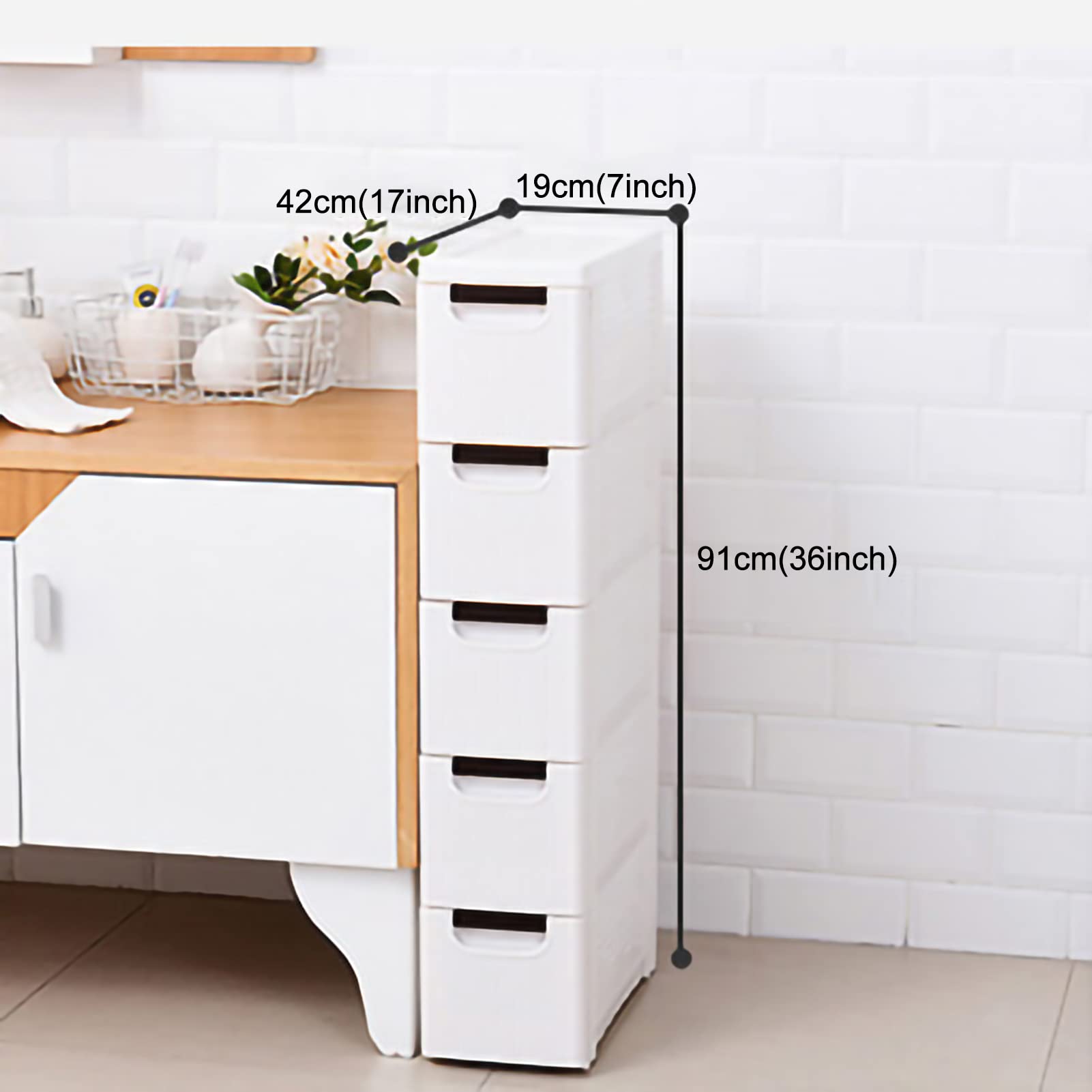 Gabinete de baño delgado con ruedas, torre de almacenamiento estrecha con cajón deslizante, unidad de plástico para sala de estar, cocina, pasillo, solución para ahorrar espacio