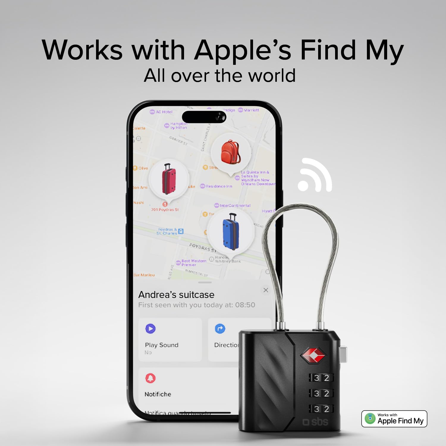 SBS Track My Lock - Lucchetto TSA con Localizzatore Finder Integrato, Compatibile Apple Dov'è (iOS), Blocco a Combinazione 3 Cifre, Allarme 60 dB, Ricarica USB-C, Ideale per Valigie e Borse, Nero