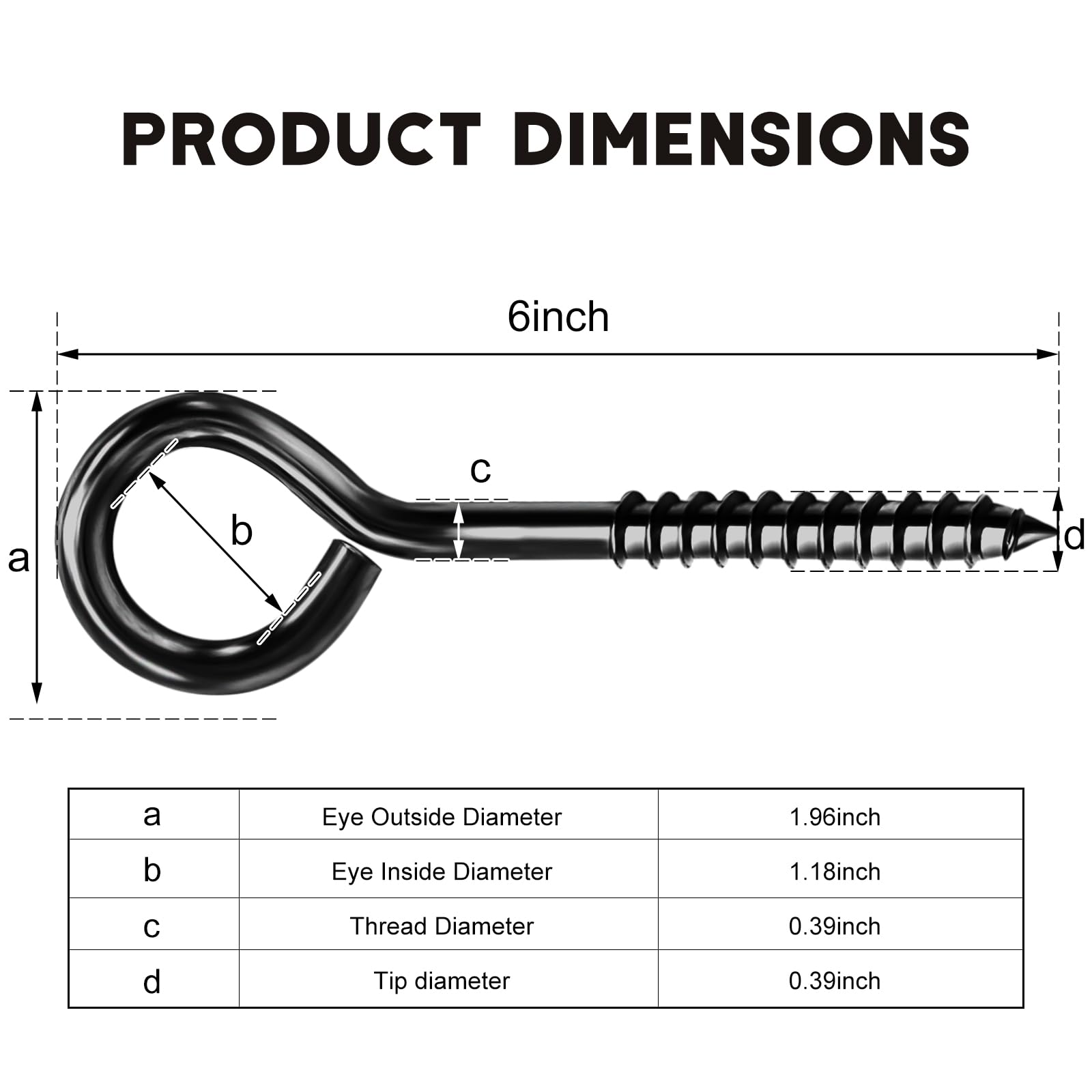 YGAOHF 6 Inch Eye Hooks Screw in Heavy Duty, 10 pcs Heavy Duty Eye Hooks, Large Stainless Steel Eye Hooks for Hanging, Black Eye Bolts for Indoor & Outdoor Heavy-Duty Applications
