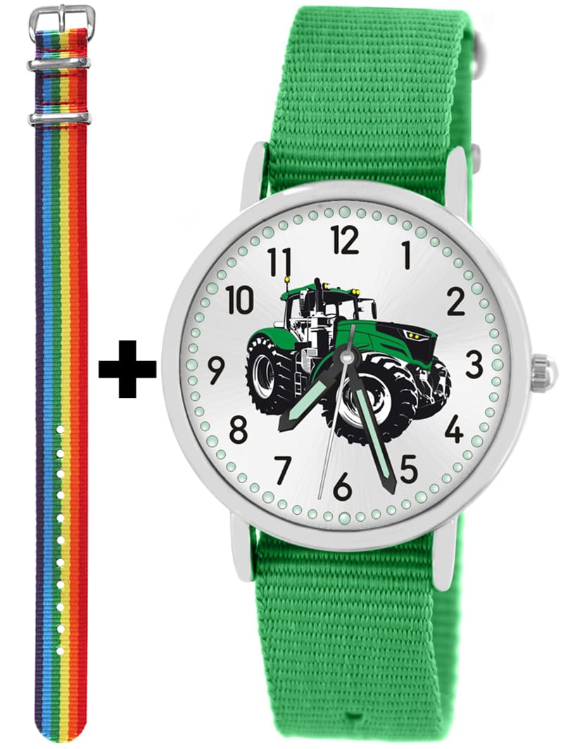 Geschenkset 5tlg. Kinder Armbanduhr Jungen Traktor Trecker grün 5ATM wasserdicht Sammelbox Geldbörse Analog Quarz 2tes Armband