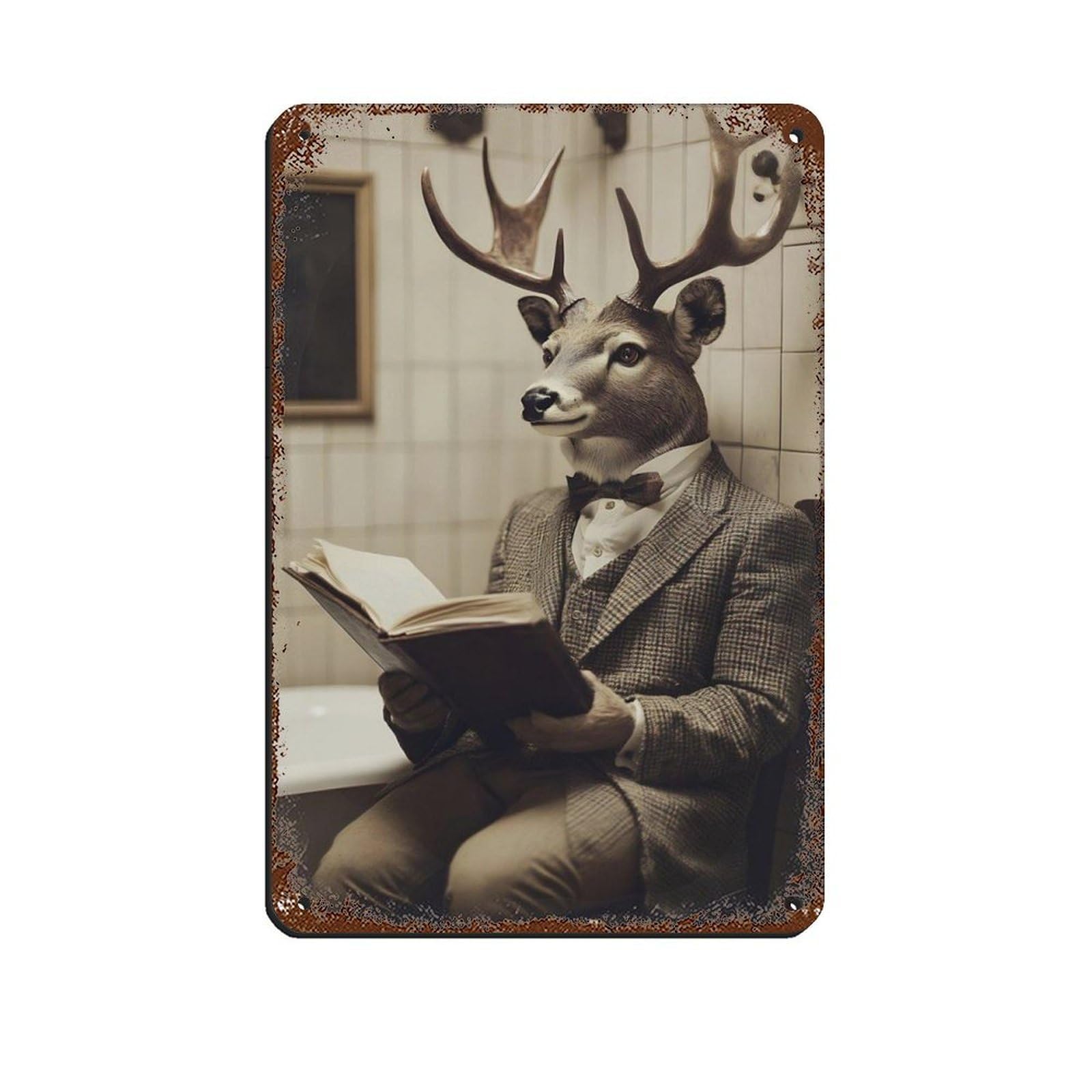 Deer Reading in Bathroom Retro Poster Metal Tin Sign Chic Art Retro Iron Painting Bar People Cave Cafe Family Garage Poster Wall Decoration 8x12inch(20x30cm)