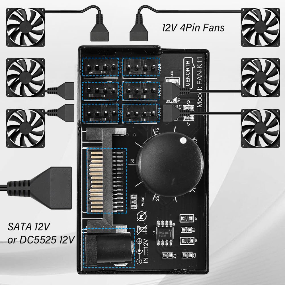 PWM Binghe PWM wentylator z 1 do 6 4-pinowym 12 V i kablem, koncentrator adaptera wentylatora PC z zasilaniem przez SATA i DC 5525, regulator prędkości wentylatora, kontroler obsługuje 6 wentylatorów