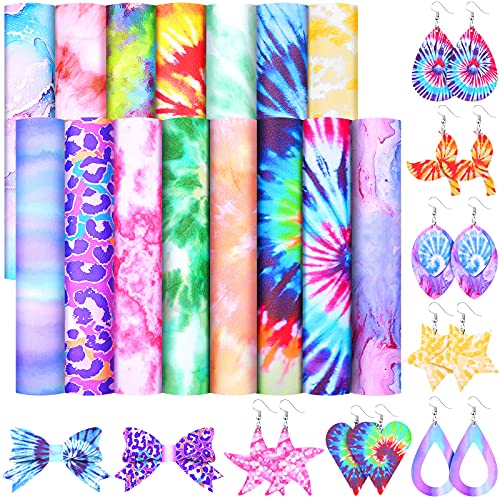 Honoson 15 Pieces Synthetic Leather Sheet 8.3 x 6.3 Inch Summer Colorful Faux Leather Fabric Sheets for DIY Crafts Decoration Supplies(Tie-Dye Style)