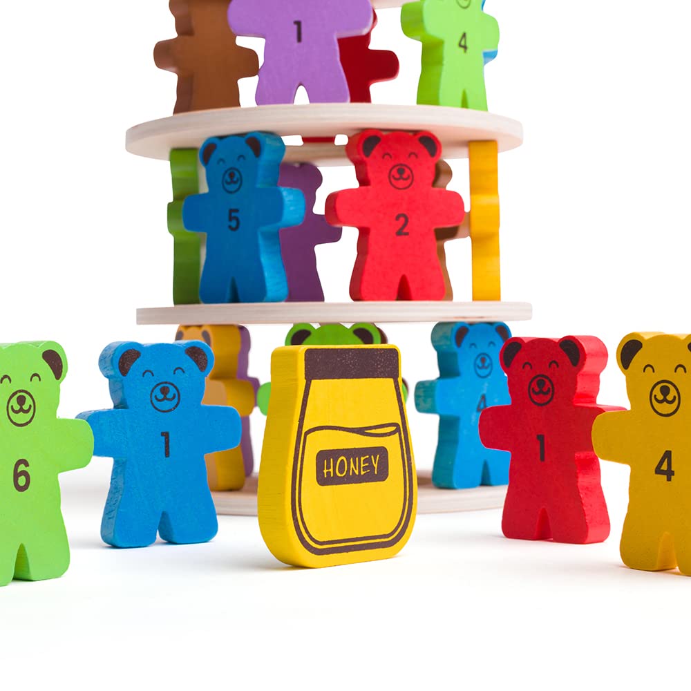 Bigjigs Toys Teddy Tumbling Tower Game - 49pc Tour d'empilement pour Plus de 3 Ans, Puzzles d'équilibrage coloré, Jouets d'empilement en Bois de qualité et Jouets Montessori pour Enfants