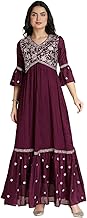Madhuram Women's Vichitra Silk Crus Traditional Ethnic Long Gown with Sequence Embroidery Work Long Kurta(M-2445)