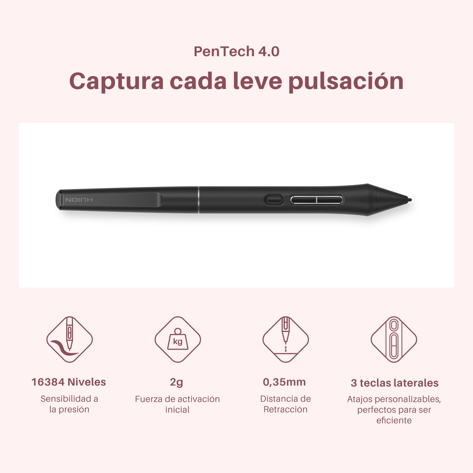 HUION Kamvas 13 Gen3 2024 Tableta Gráfica con Pantalla, Tableta de Dibujo 13.3" Vidrio Anti Brillo Canvas, Pentech 4.0, 16384 Presión del Lápiz, Doble Dial para PC, Mac, Android, Rosa