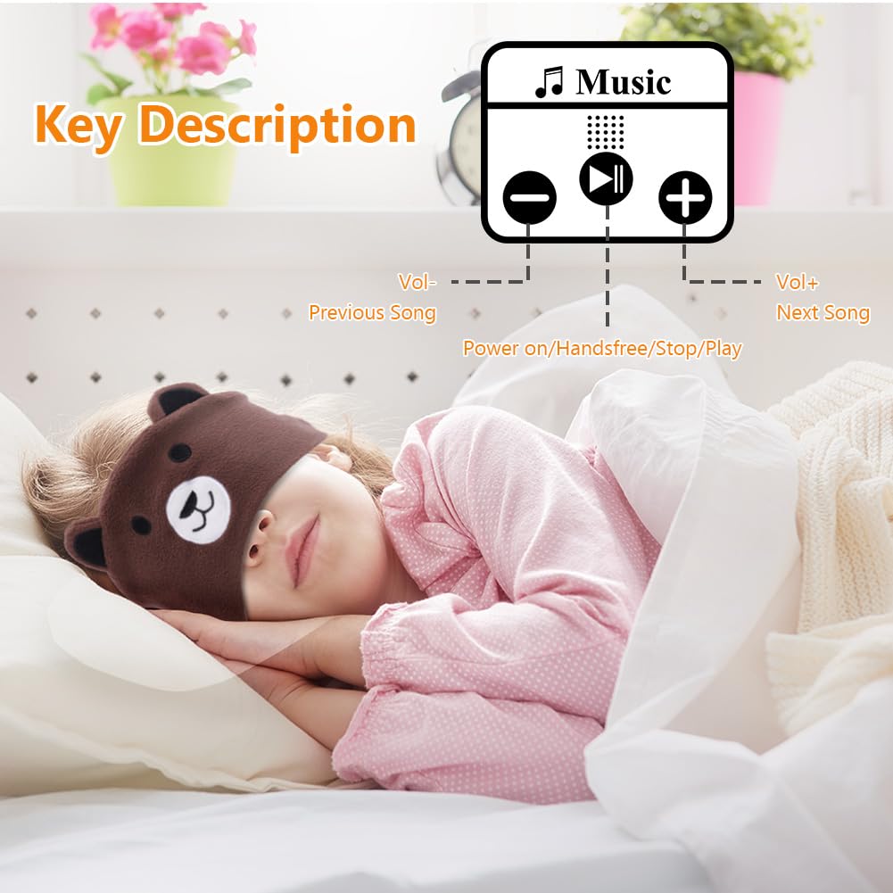 OFFCUP Masque de Nuit Enfant, 100% Occultant Masque de Sommeil, Bandeau Bluetooth Mignon, Doux et Confortable pour Dormir Masques pour les Yeux, Casque de Sommeil sans Fil pour Homme Femme -Ours