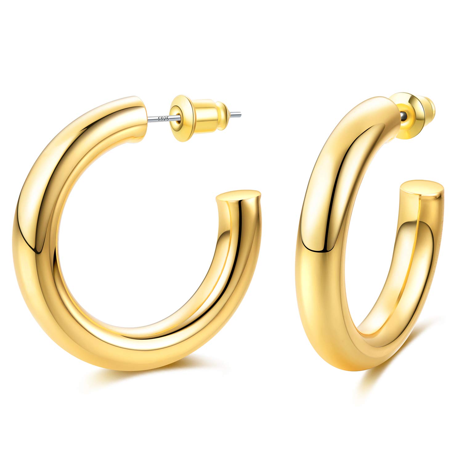 EARLLER Thick Chunky Open Hoops Earrings, 14K Gold Plated Gold Hoop Earrings, Lightweight Tube Hoop for Women And Girls - 925 Sterling Silver Post