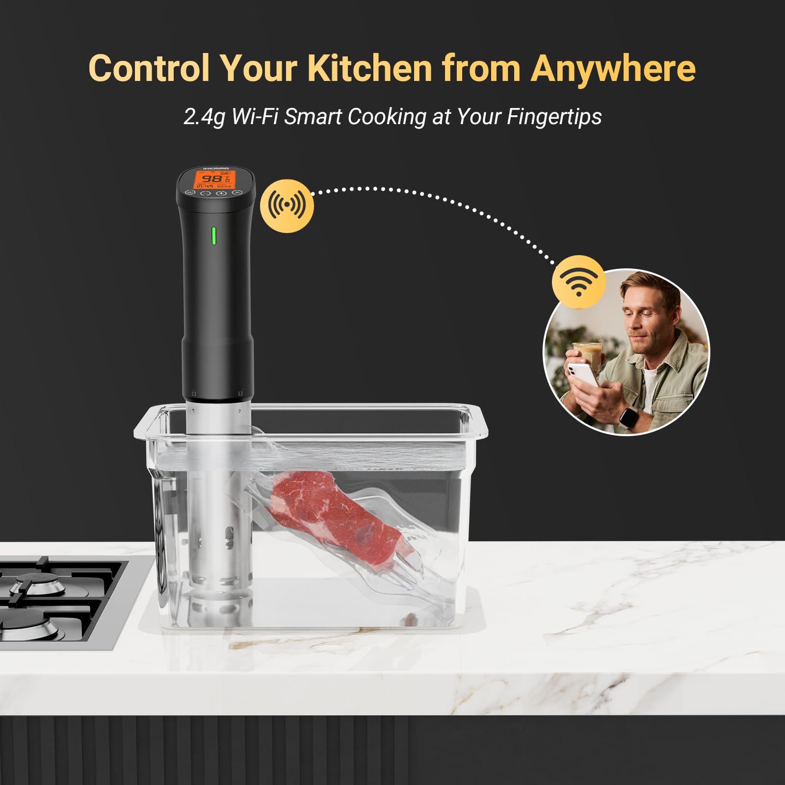 2.4G WIFI Sous Vide Cooker Inkbird Sous Vide Machine with APP Control, 1000 Watts Immersion Circulator with APP Recipes Timer Alarm Mobile Notification, 3D Water Fast Heating Ultra-Quiet