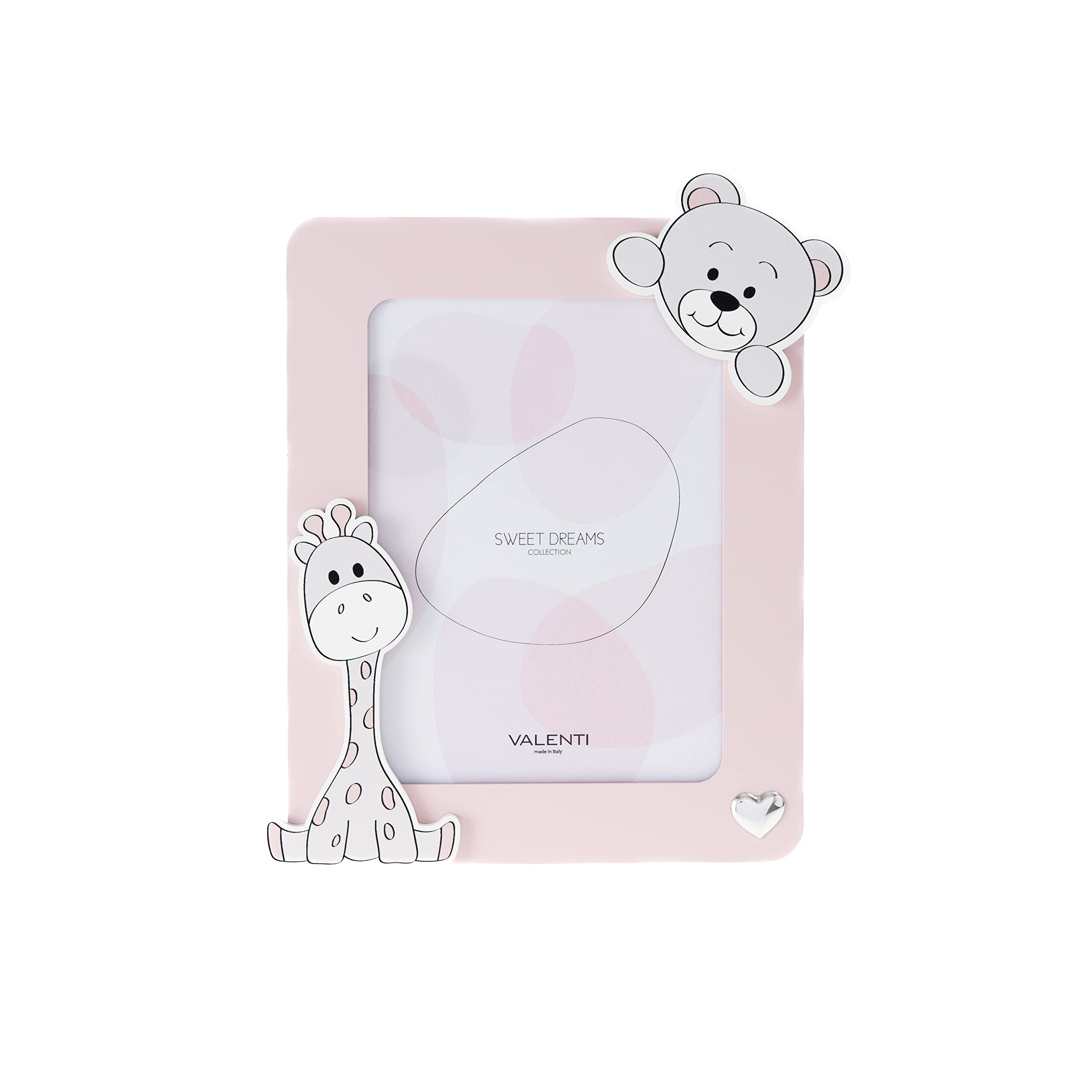 VALENTI & CO. - Cornice Porta Foto rosa in legno con animali dello zoo, da Tavolo o da appendere come decorazione in cameretta, idea regalo per Neonato e Bambino - 13x24