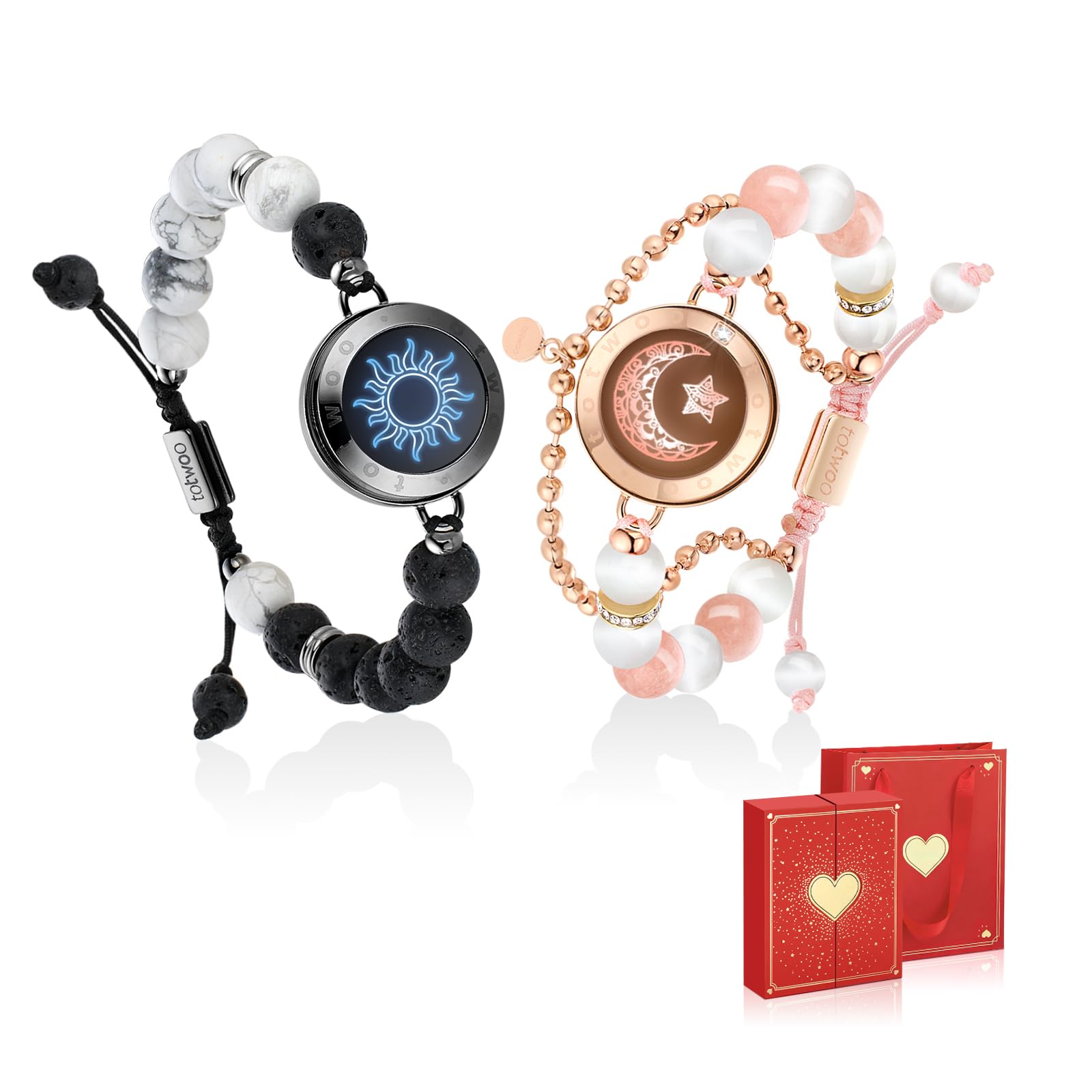 TOTWOO Long Distance Touch Bracelets for Couples, Smart Light up & Vibration for Love Couples Healing Stone Bracelet | Long Distance Relationship Gifts for Girlfriend Bluetooth Pairing Jewelry, One