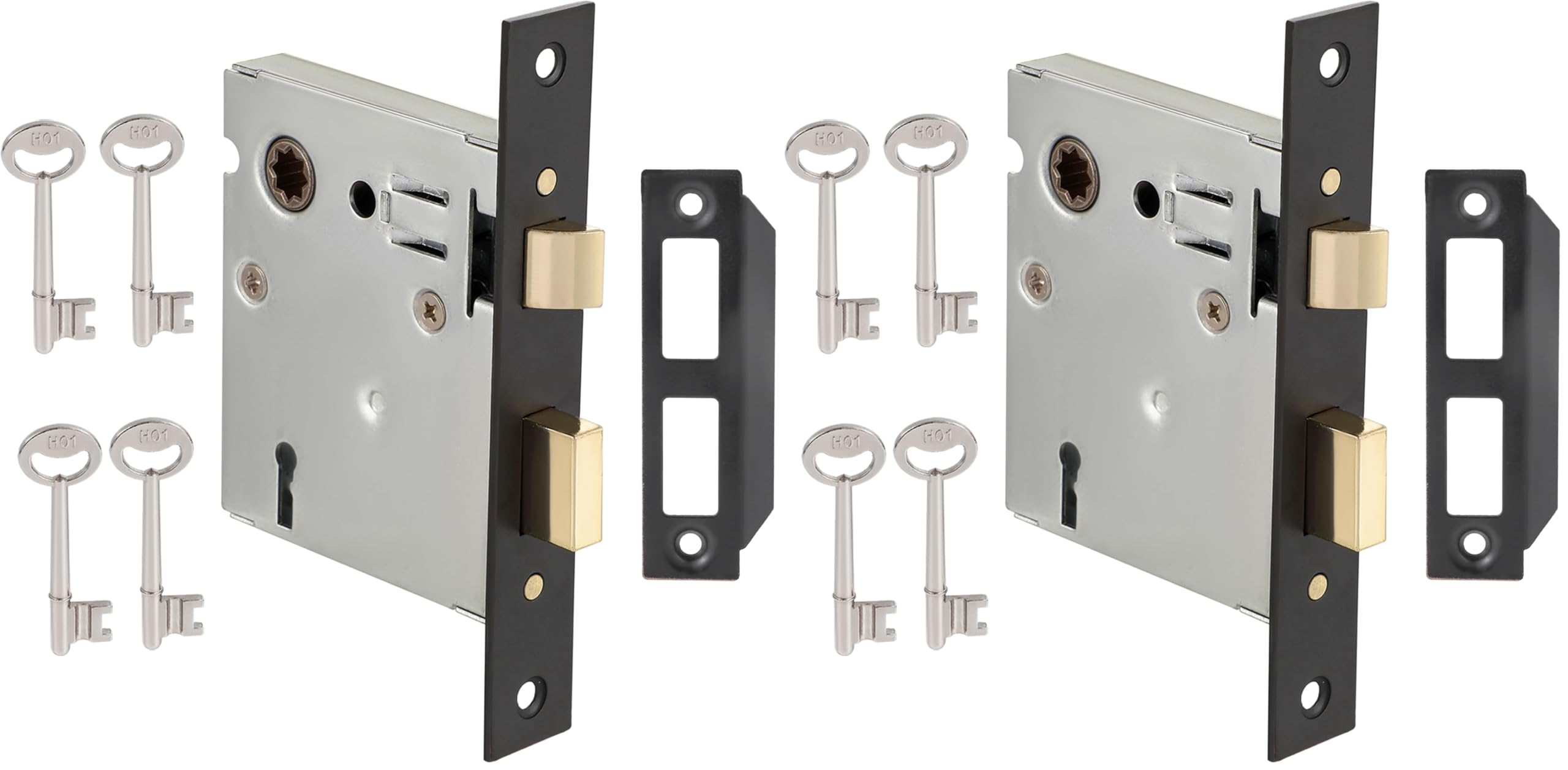 Mortise Lock Set - Interior Door Lock Replacement Kit, Reversible Latch, Skeleton Key, Antique Vintage Style, Matte Black Finish (Pack of 2)