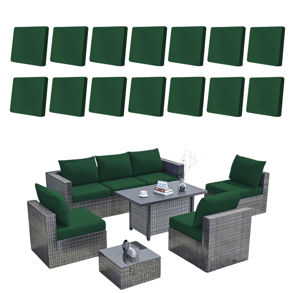 Hiseng 8/12/14 PCS Outdoor Cushion Covers Stretch Patio Cushion Covers Replacement Slipcovers Washable for Outdoor Sofa Cushions, Garden Furniture Set, Rattan Corner Sofa (Dark Green,14 pcs)