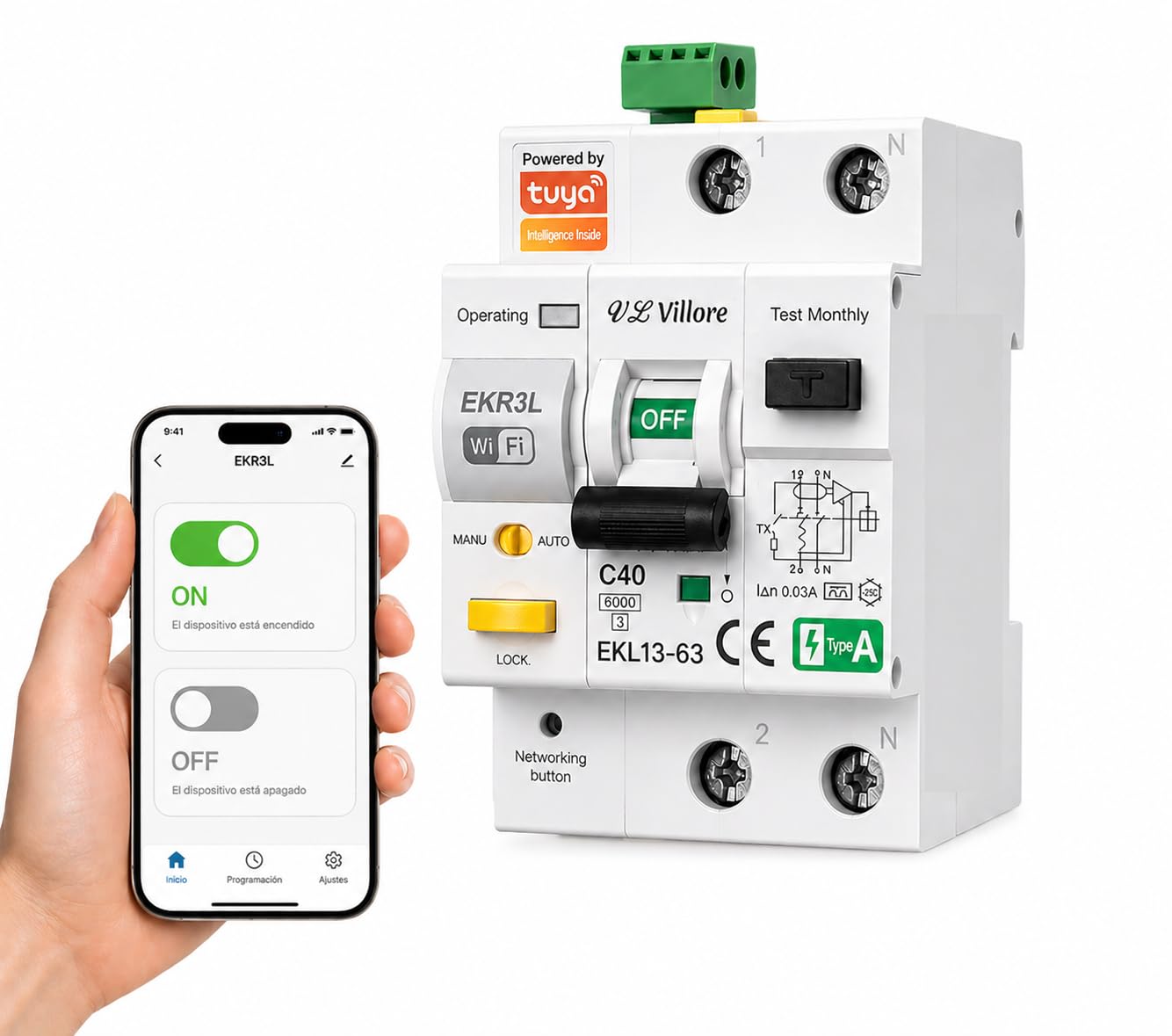 Différentiel auto-réarmable Wi-Fi intégré super immunisé - RCBO différentiel avec magnétothermique intégrée - Classe A 40 A 30 mA 6 Ka Disjoncteur réarmable rail DIN