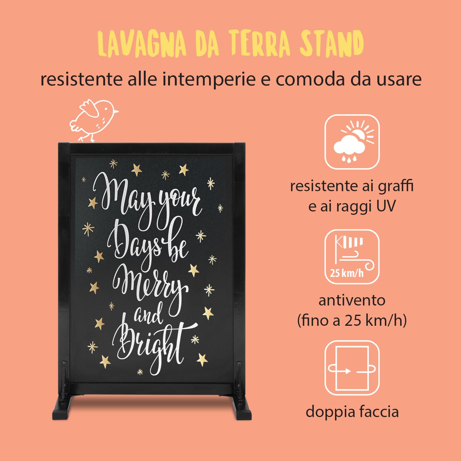SECURIT - Lavagna Da Terra Stand Bifacciale In Legno Di Pino - Per Pennarelli A Gesso Liquido - Per Caffè, Ristoranti, Bar, Negozi - 56x78 cm - Colore Nero