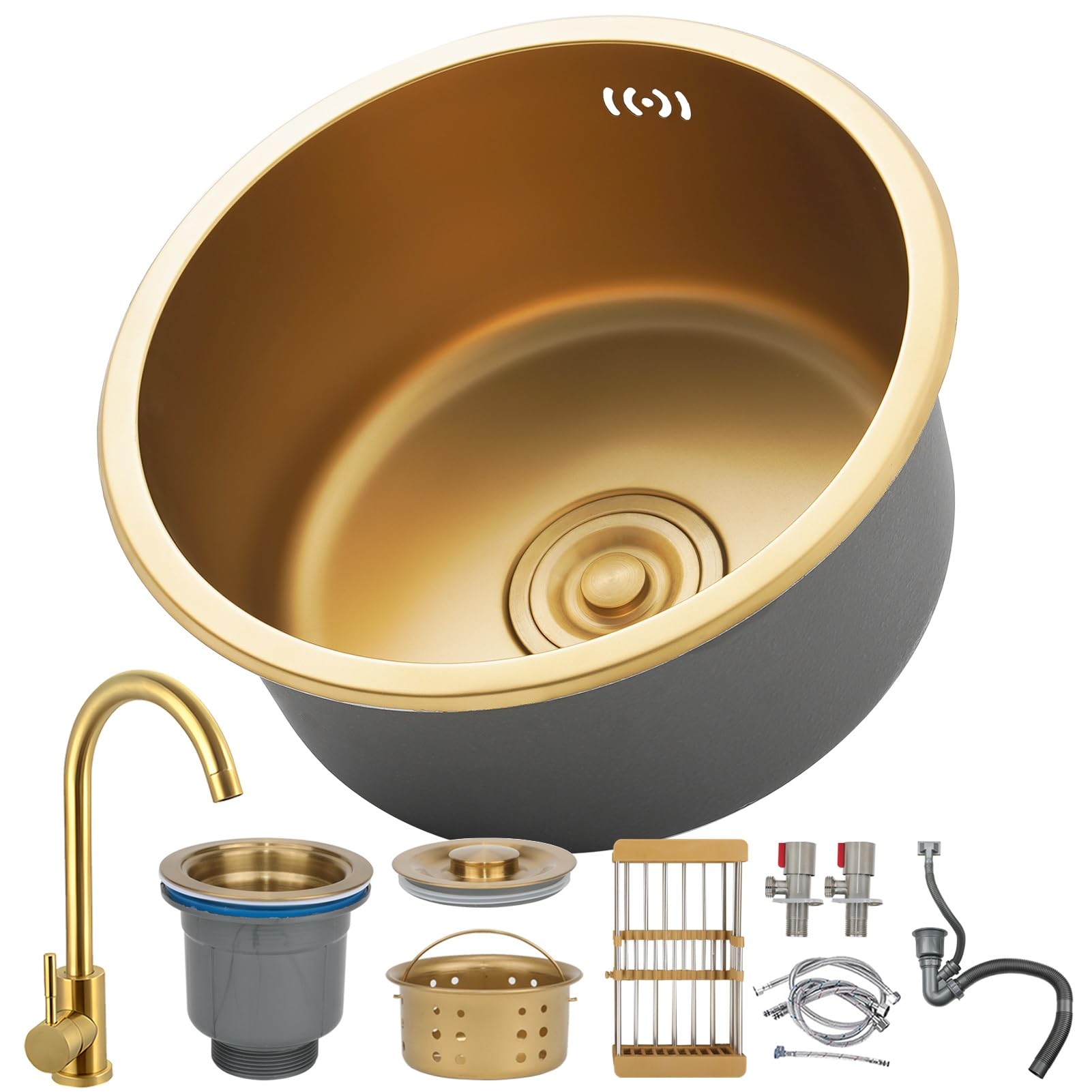 CZYWKDDPP Gold-Coloured Made of Stainless Steel, 40 x cm, Nano-Coated 1 Basin, Built-in or Undermount Bar with Gold Faucets, Siphon, Overflow and Drain Set, Easy to Clean