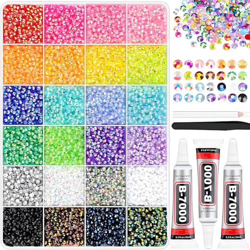 Kit Bedazzling con pegamento: 24 colores, 24,000 piezas, gemas de imitación planas para manualidades, kits para ropa, zapatos, uñas y arte con diamantes