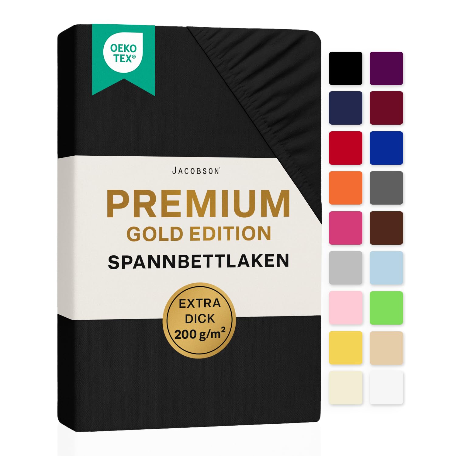 Jacobson Premium Spannbettlaken 200 g/m² Jersey Baumwolle mit Elasthan (90x200-100x200 cm, Schwarz)