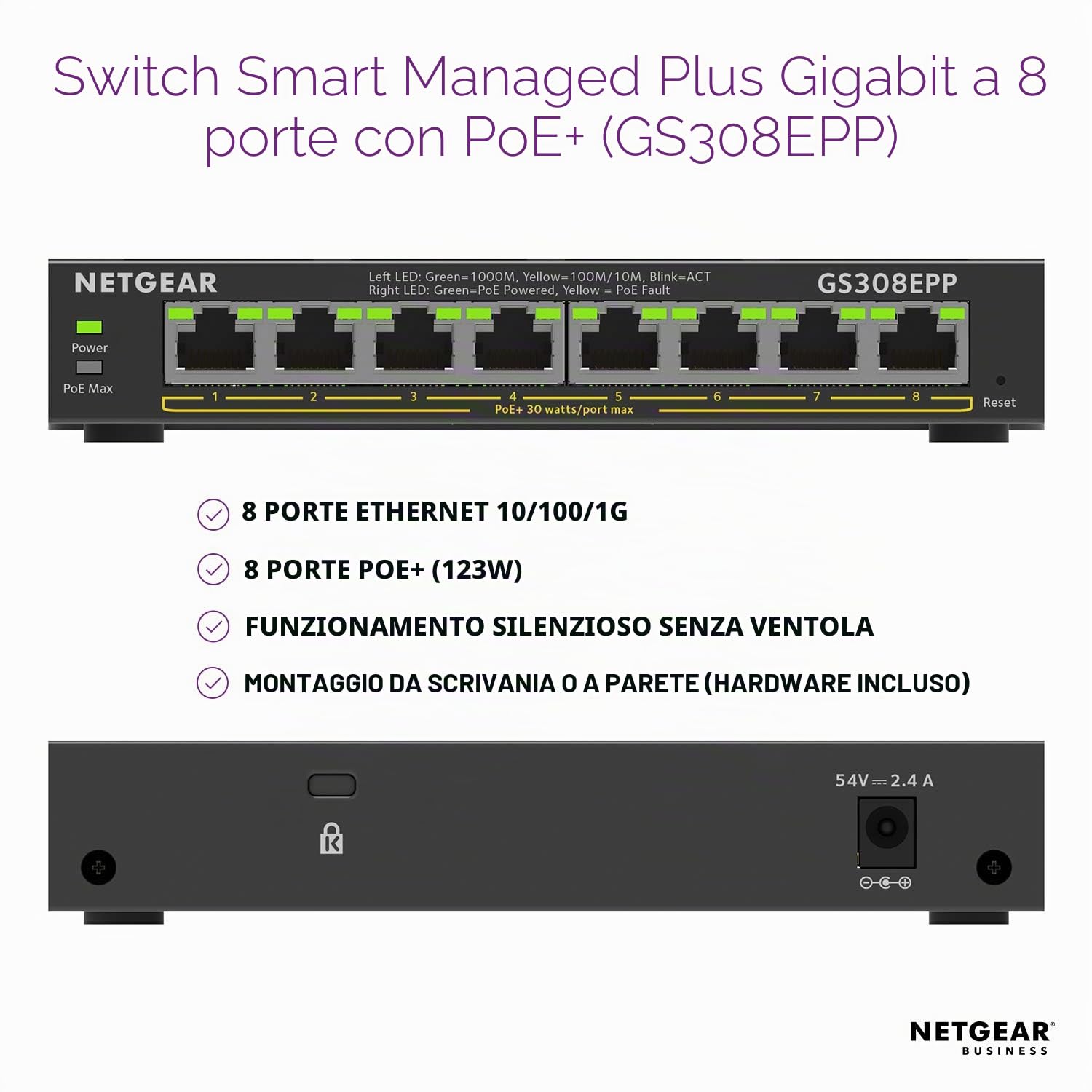 NETGEAR Switch PoE Switch 8 porte Gigabit Ethernet Plus (GS308EPP) - con 8 x PoE+ @ 123W, montaggio desktop o a parete