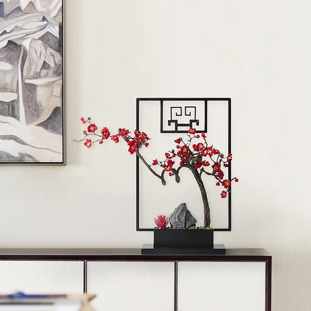 Plante Artificielle Plantes de prune artificielle Plantes en pot de style chinois Séjour floral ornements Cadres métalliques Faux décorations de plantes for le salon bureau et étudier Bonsai Artificie