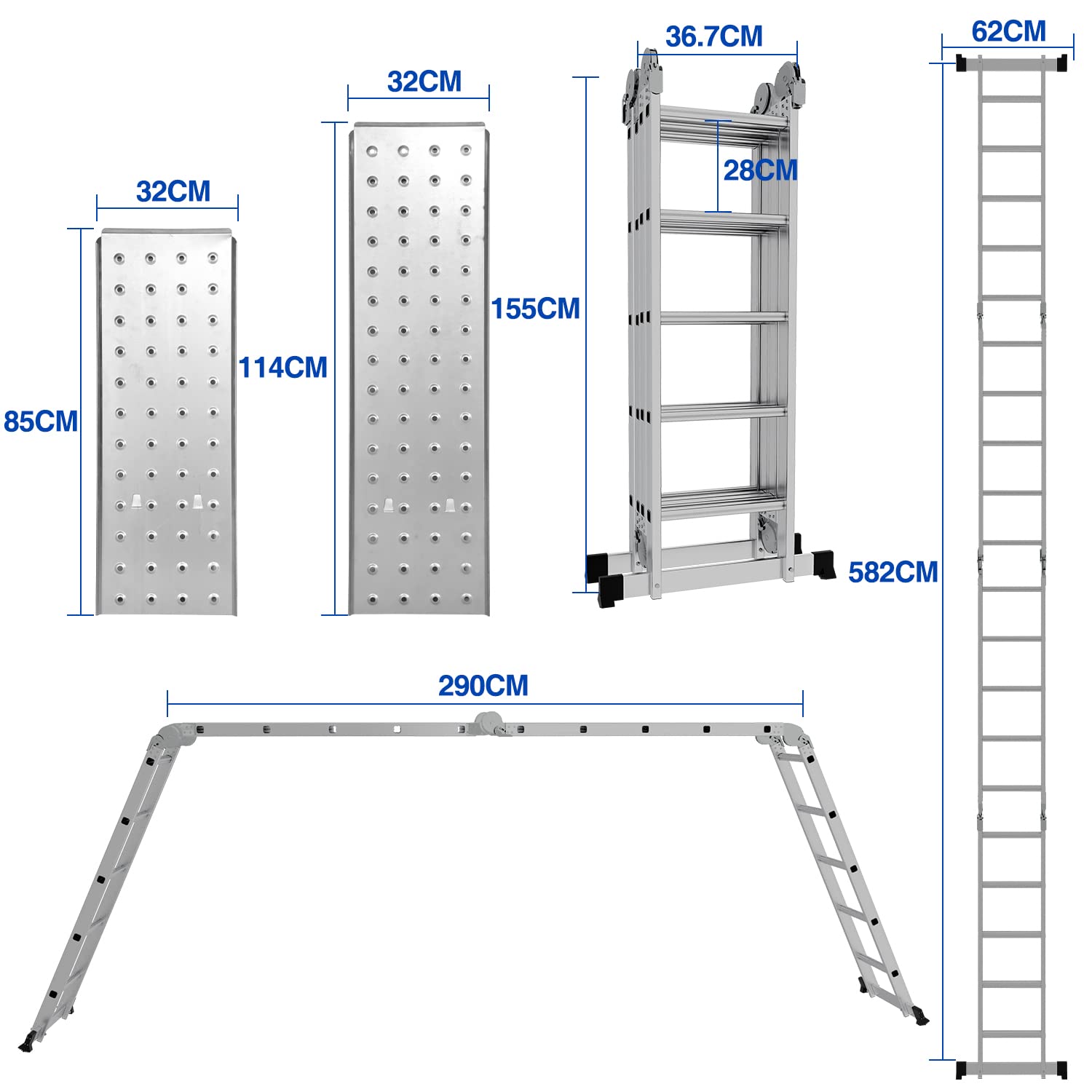 Scala telescopica 5,8 m, in alluminio, 4 x 5 pioli, con 2 piastre e 2 ruote, scala pieghevole, scala di lavoro, scala domestica, fino a 150 kg, colore: argento