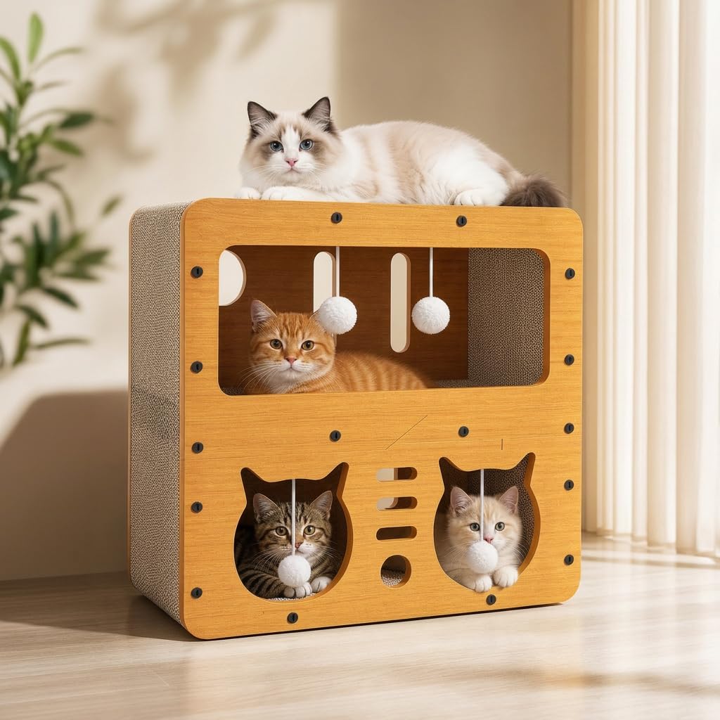 Casa tiragraffi in cartone a 2 piani, per interni, con tavola tiragraffi e palla sospesa, mobili per gatti multifunzione per giocare, riposare, dormire, 45 x 28 x 51 cm