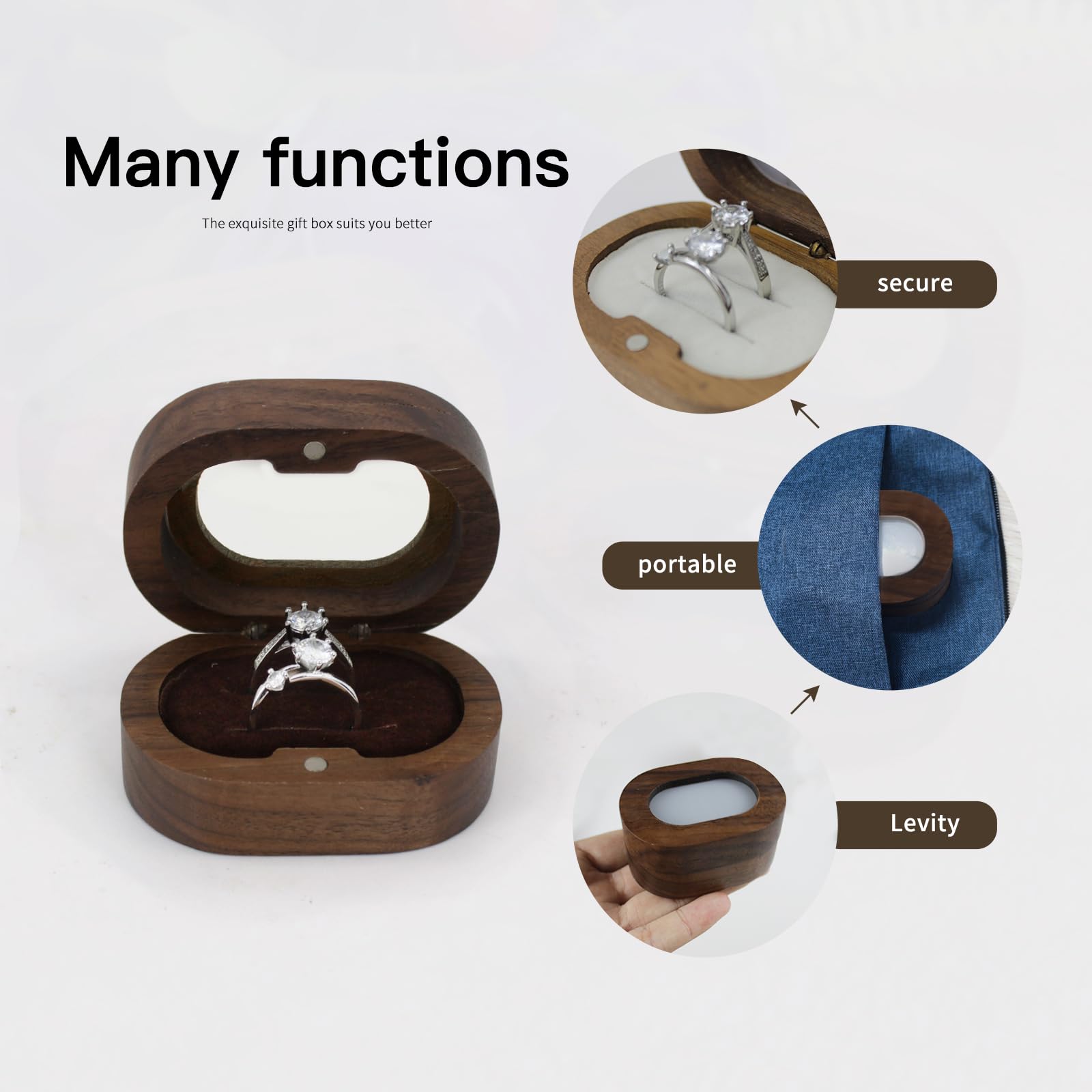 AfitLulu Boîte à Bagues Double à Rainure Ovale, Fenêtre En Bois Transparent Vintage Avec Attraction Magnétique, Boîte à Bague De Demande En Mariage, Anniversaire, Commémoration (café