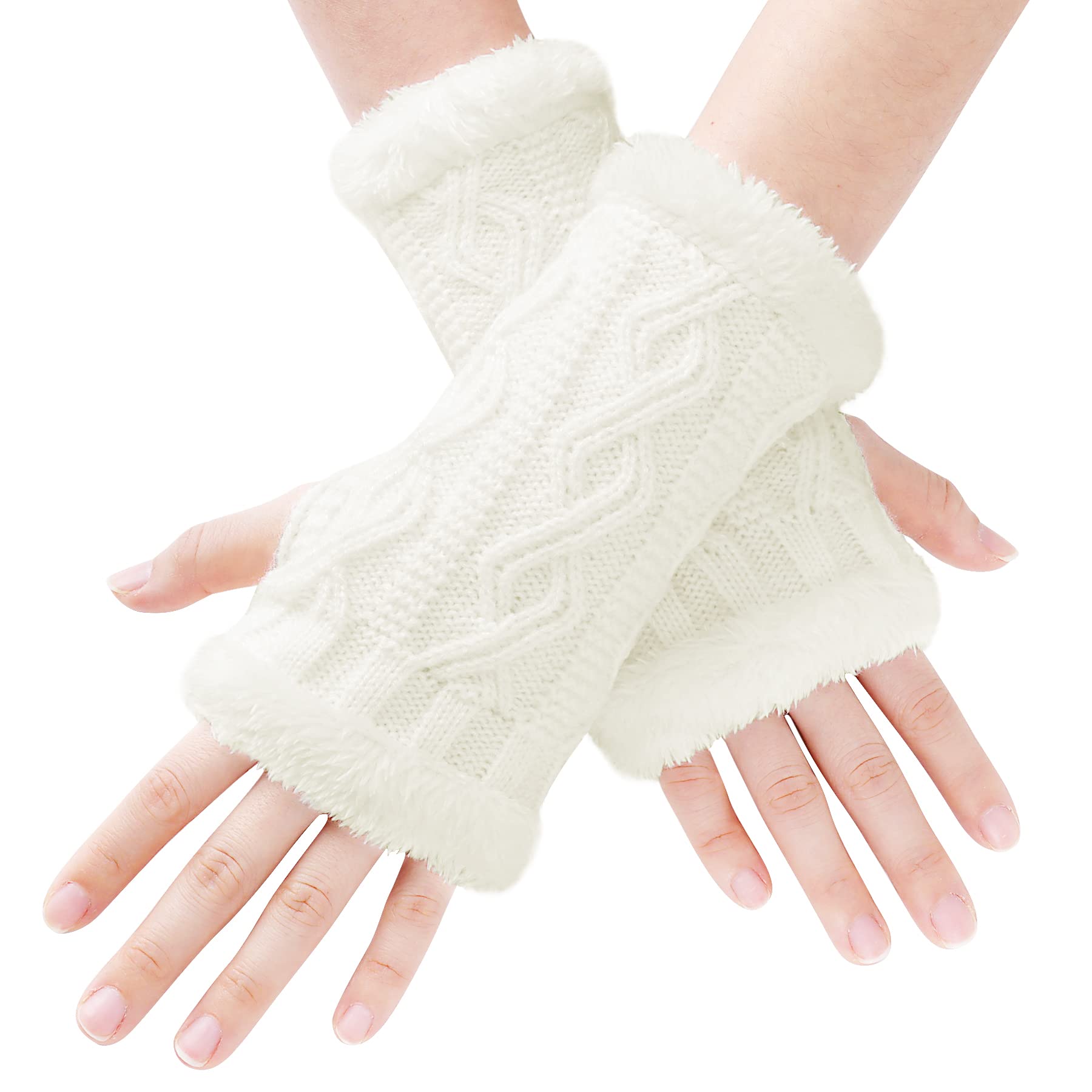 BLURBEFingerless Gloves for Women - Arm Wrist Warmers, Thicken Plush Ladies Winter Arm Fingerless Gloves Mittens Wrists Knitted Warmers with Thumb Hole for Women Gifts UK