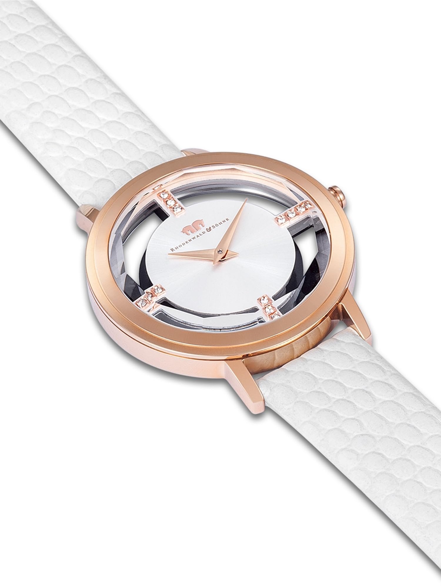 Rhodenwald & Söhne Lucrezia Damenuhr Edelstahl 3 ATM verziert mit Kristallen Echtlederarmband geprägt - Fashion-Uhr Frauen Skeletonoptik