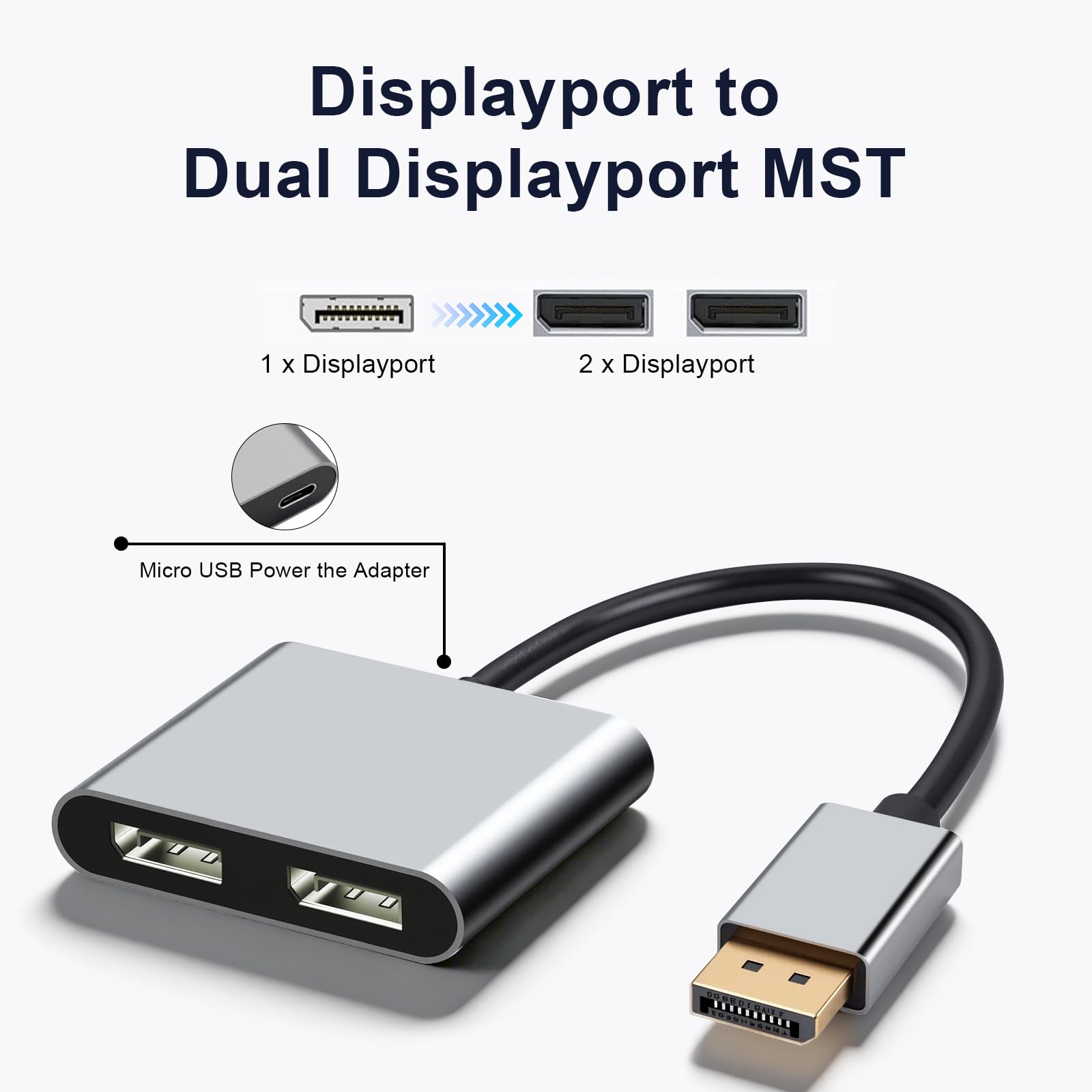 RUIZHI DisplayPort auf Dual DisplayPort Splitter Adapter – 4K@60Hz MST Hub, 1 Eingang zu 2 Ausgängen, unterstützt Erweiterungs- & Spiegelmodus, DP 1.4 Splitter kompatibel mit für PC, Laptop, Desktop