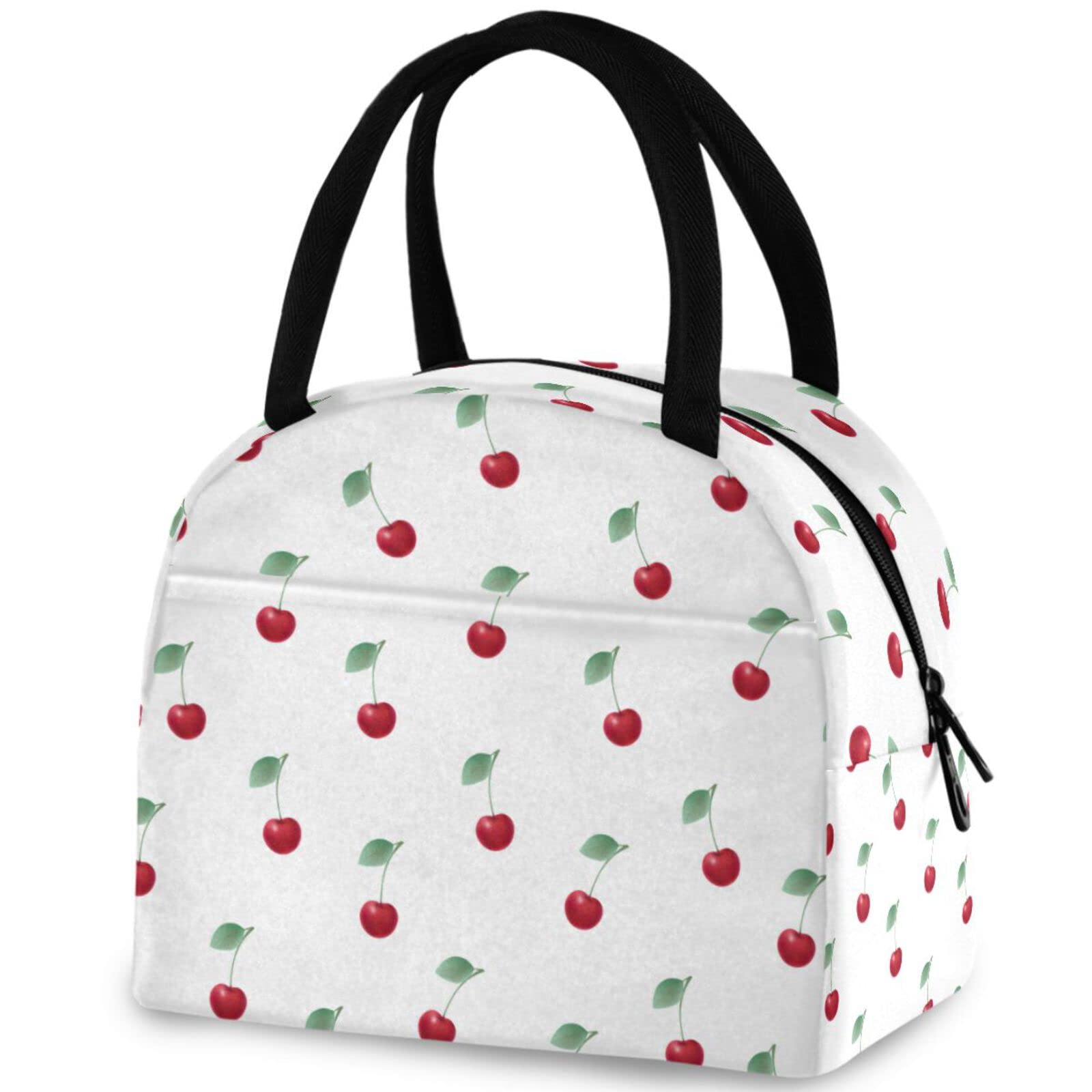 ZzWwR Cherry Leaves Floral Insulated Lunch Bag, Reusable Multi-Pocket Container Handle Cooler Tote Bag for Women&Men School Work Picnic Outdoor Travel