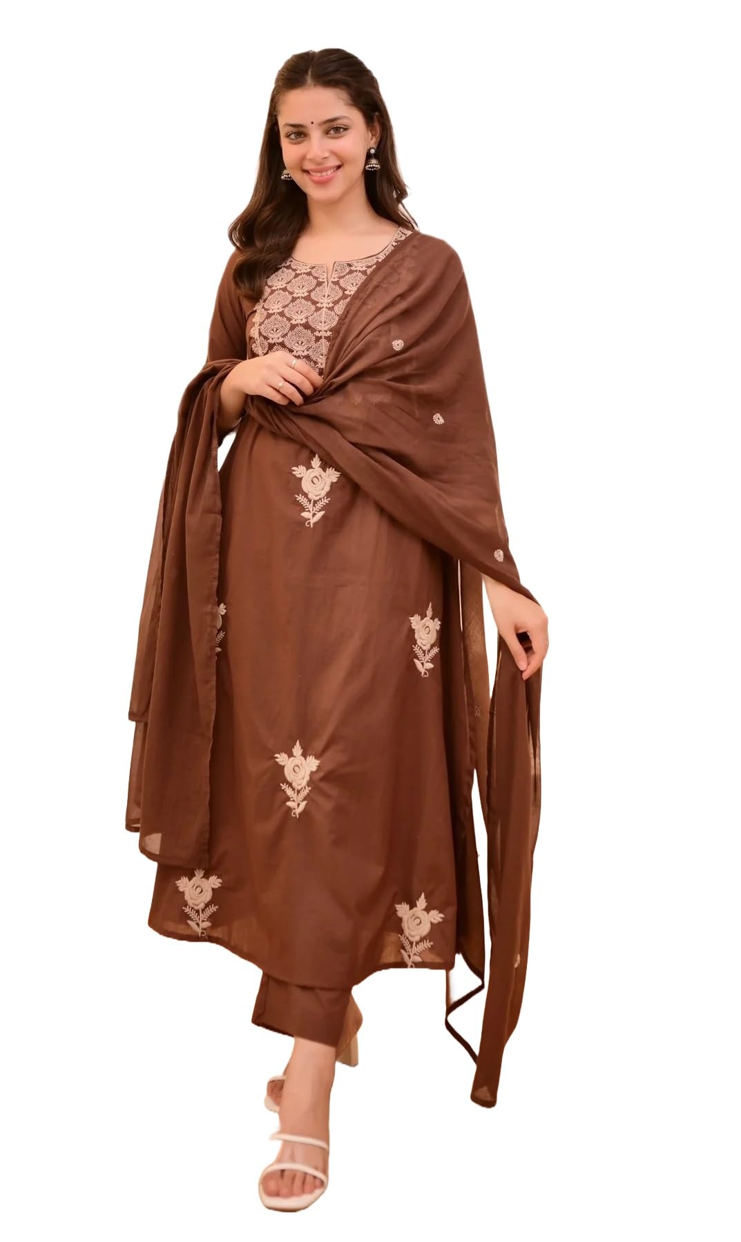Women Embroidery Solid Straight Kurta and Pant Set with Dupatta