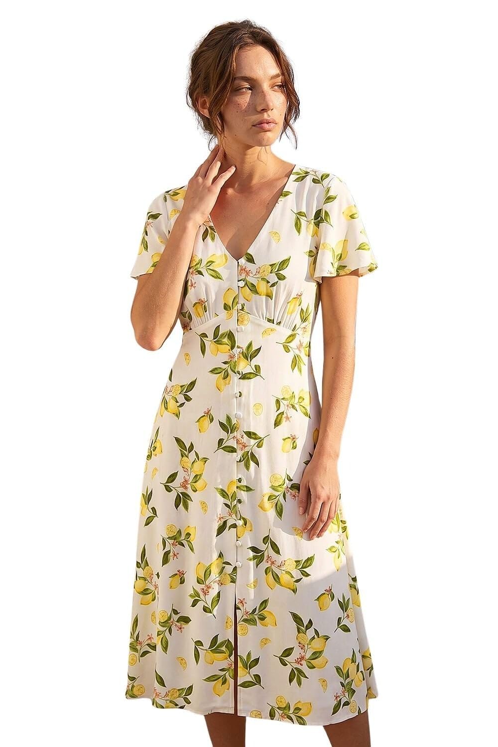 Roman Originals Women's Petite Ivory Swing Tea Dress Uk Skater Midi A Line Fit & Flare Summer Casual Smart Cocktail Party Going Out Work Cruise Button Through Long Pocket - Size 16