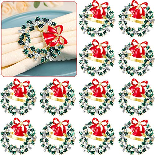Christmas Napkin Rings Set Christmas Wreath Napkin Ring Metal Napkin Buckle Ring Green Diamond Alloy Napkin Ring for Christmas Thanksgiving Dinner Party Serviette Buckles Napkins Rings Set (12)