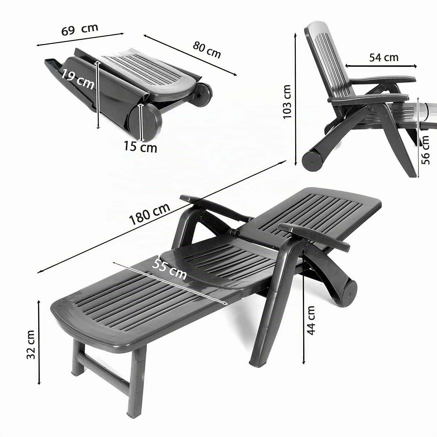 CREVICOSTA QUALITY MARK MARCAS DE CALIDAD - CANCÚN - Tumbona de Resina Plegable y reclinable. 72 x 60 x 190 cm (Antracita)