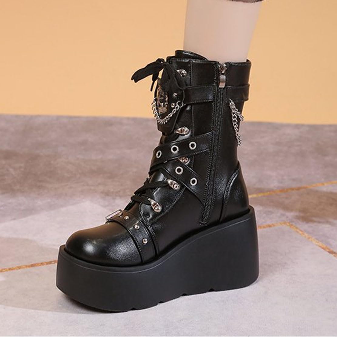 Ulalaza Women's Goth Platform Ankle Boots with Bat Wing Buckles Chunky Block Heels Round Toe Zipper Punk Motorcycle Combat Boots Comfy Short Gothic Booties