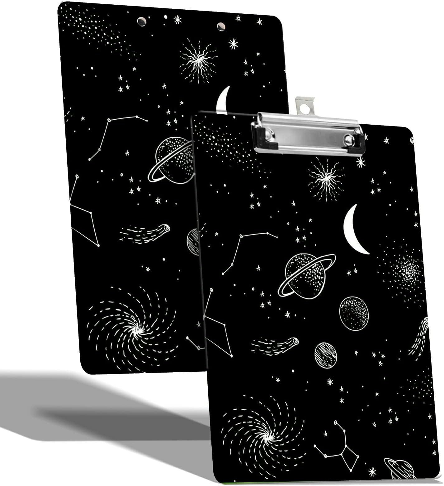 A4 Size Clipboard with Hanging Hook and Low Profile Clip, Plastic Nurse Clipboard Writing Drawing Board with Double-Sided Moon Space Print for Woman Kids Office School Use